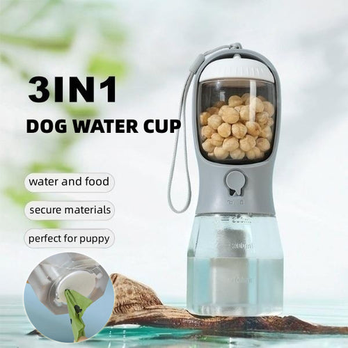 3‑in‑1 Dog Water Bottle | Leak‑Proof Pet Travel Cup with Food & Waste Bag Storage