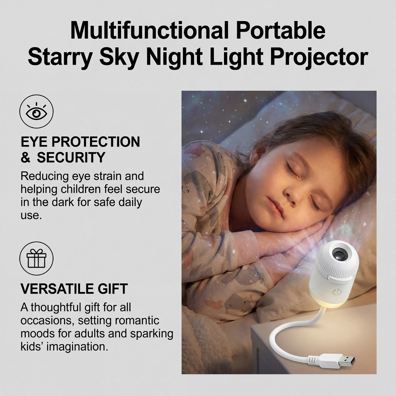 Projection Night Light - USB Powered Starry Sky Lamp for Bedroom Nursery Ambient Lighting